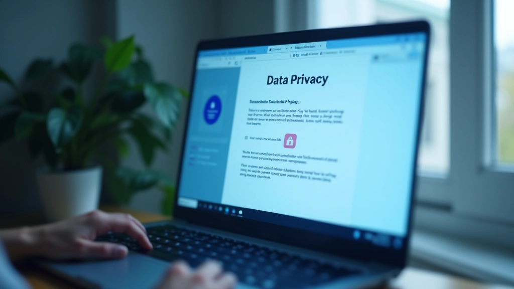 Datorekrāns ar datu privātuma dokumentiem un drošības simboliem
